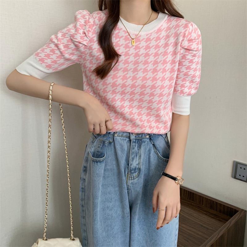 Весенне-летний дизайн Sense Bubble Sleeve Pattern Thousand Birds Check Pattern Нежный круглый вырез с коротким рукавом Трикотажные топы Женские повседневные пуловеры Футболки One Size розовый
Весенне-летний дизайн Sense Bubble Sleeve Pattern Thousand Birds Check Pattern Нежный круглый вырез с коротким рукавом Трикотажные топы Женские повседневные пуловеры Футболки One Size розовый