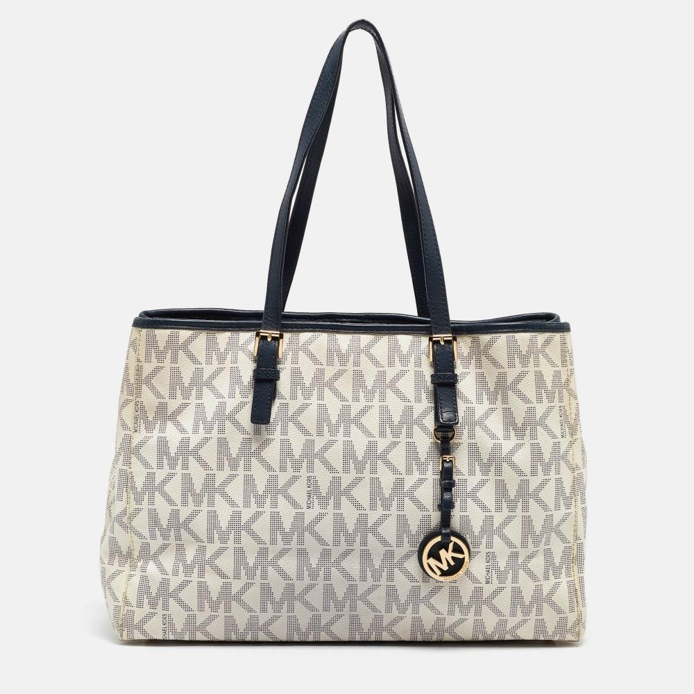 Сумка Jet Set из парусины и кожи Michael Kors Signature с покрытием, темно-синяя