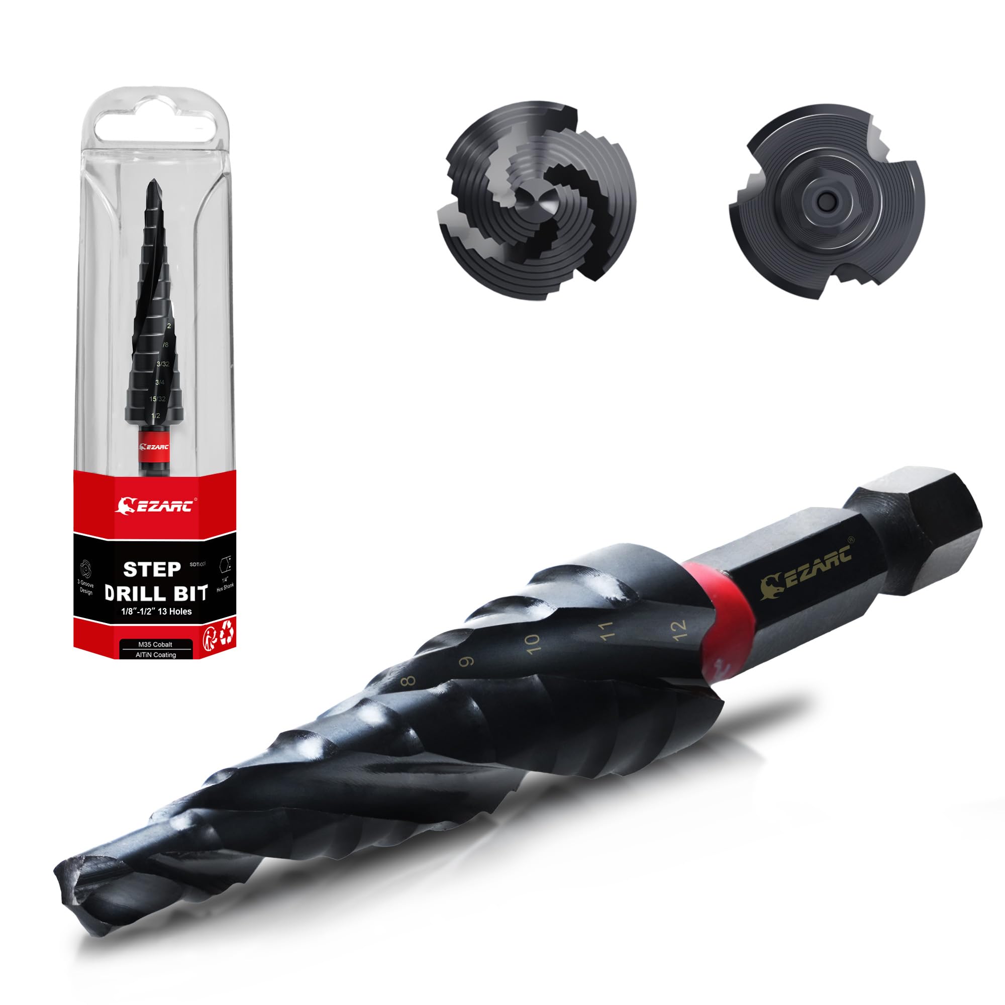 EZARC Newly Developed Step 9 AlTiN M35 Tool Hex for Stainless Metal and Plastic C-Shaped, Three-Flute Drill, 4-12mm, Steps, Coating, High-Speed Steel,
EZARC Newly Developed Step 9 AlTiN M35 Tool Hex for Stainless Metal and Plastic C-Shaped, Three-Flute Drill, 4-12mm, Steps, Coating, High-Speed Steel,