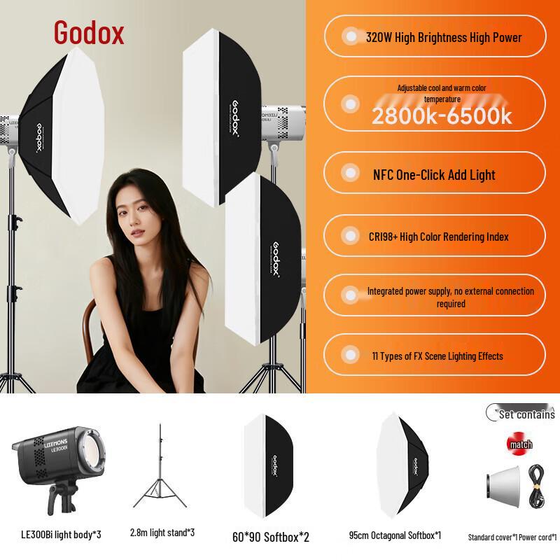 Godox LE300Bi 3-Light Bi-Color LED Video Light Kit with Softboxes
Godox LE300Bi 3-Light Bi-Color LED Video Light Kit with Softboxes