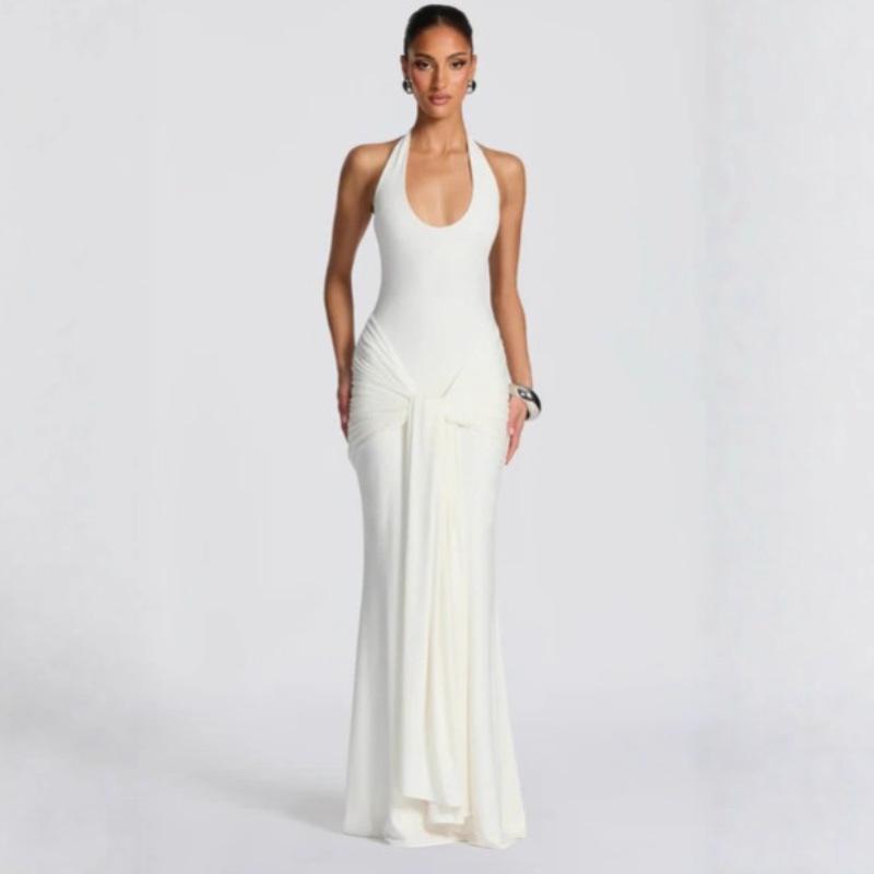 Women Halter Neck Sleeveless Ruched Maxi Dress Solid White Elegant Evening Formal Dress S белый
Women Halter Neck Sleeveless Ruched Maxi Dress Solid White Elegant Evening Formal Dress S белый