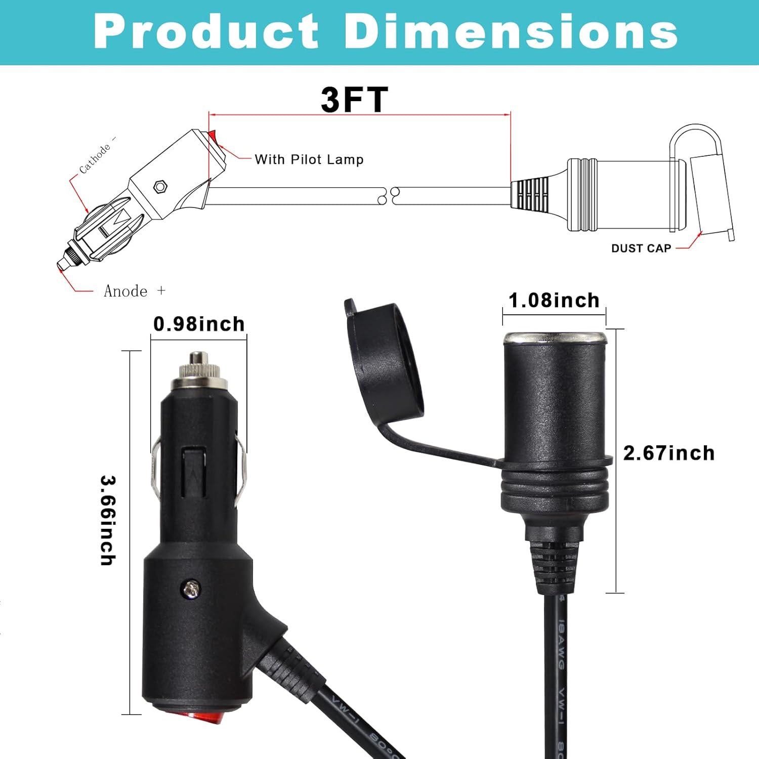 3FT Cigarette Lighter Extension Cord with On Off Switch - Car Cigarette Lighter Male Plug to Female Socket 18AWG Lighter Extension Cable with Dust
3FT Cigarette Lighter Extension Cord with On Off Switch - Car Cigarette Lighter Male Plug to Female Socket 18AWG Lighter Extension Cable with Dust