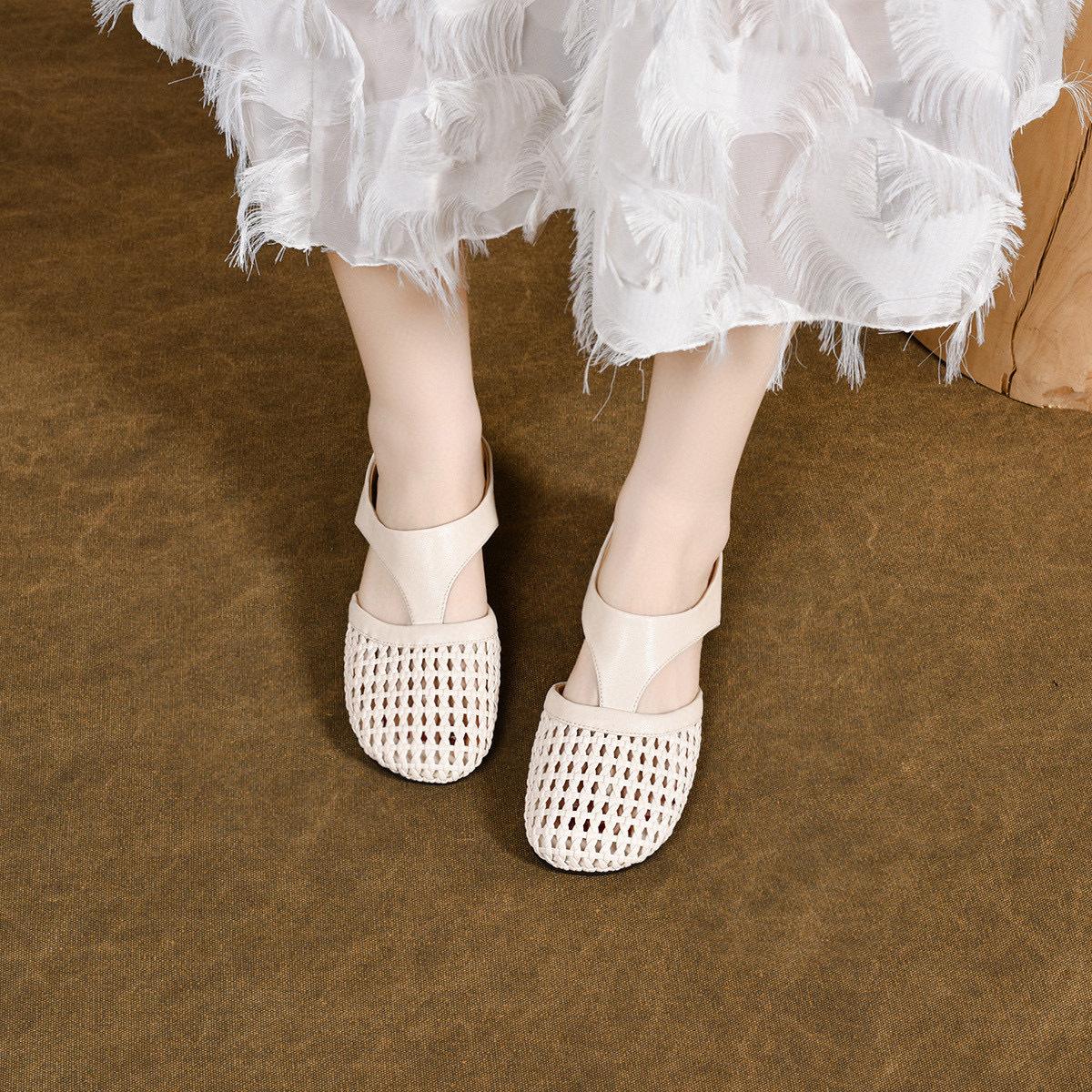 Баотоу тапочки женские для улицы летние новые полые плетеные сандалии пасторальные на плоской подошве праздничные тапочки 41 бежевый