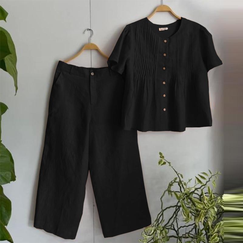 ZANZEA Женские повседневные комплекты из блузки с короткими рукавами и брюк 4XL чёрный