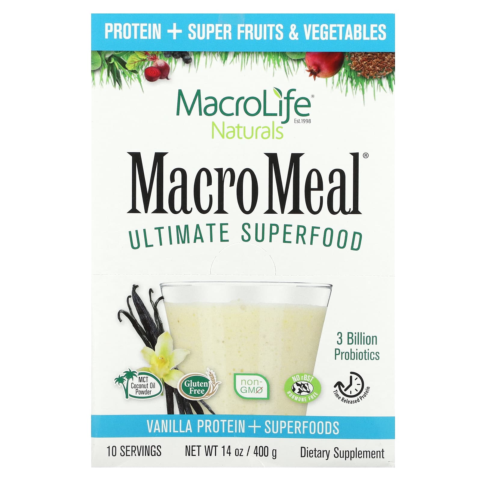 Macrolife Naturals, Macro Meal Ultimate Superfood, Vanilla Protein + Superfood, 10 Packets, 1.4 oz (40 g) Each
Macrolife Naturals, Macro Meal Ultimate Superfood, Vanilla Protein + Superfood, 10 Packets, 1.4 oz (40 g) Each