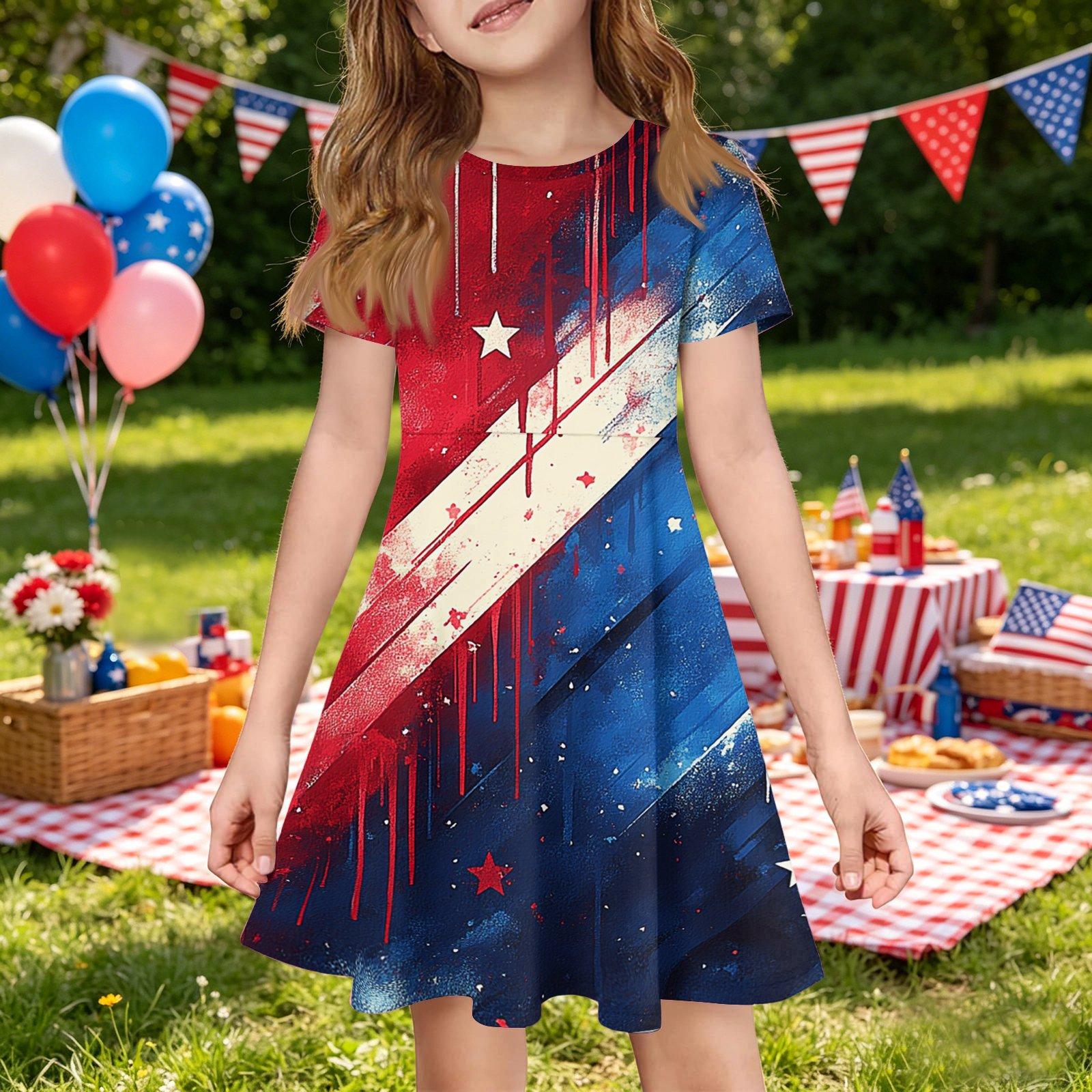 Girls Short Sleeve Dress with Pocket Independence Day Print Casual Comfortable Fit A-Line Skater Dress for Summer 110 червоний
Girls Short Sleeve Dress with Pocket Independence Day Print Casual Comfortable Fit A-Line Skater Dress for Summer 110 червоний