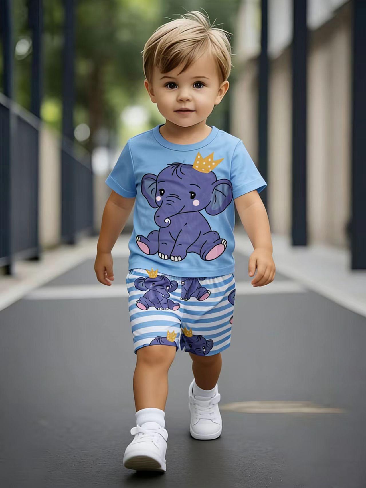 Toddler Boys Cute Crown Elephant Print 2-Piece Outfit, Summer Blue Striped Clothes for Kids, Perfect for Playwear & Outdoor 5-6Y
Toddler Boys Cute Crown Elephant Print 2-Piece Outfit, Summer Blue Striped Clothes for Kids, Perfect for Playwear & Outdoor 5-6Y