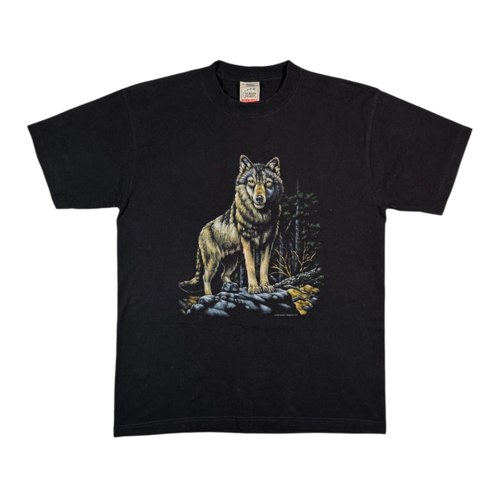 Vintage 1996 Wolf T-shirt Animal Nature Graphic Screen Stars Black Tee L XL
Vintage 1996 Wolf T-shirt Animal Nature Graphic Screen Stars Black Tee L XL