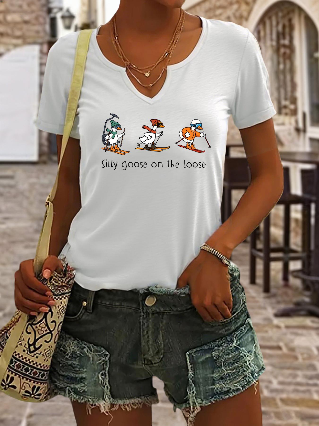 Women s Summer V-Neck Short Sleeve T-Shirt, Silly Goose On The Loose Skiing Ducks Print, Funny Winter Sports Casual Top S
Women s Summer V-Neck Short Sleeve T-Shirt, Silly Goose On The Loose Skiing Ducks Print, Funny Winter Sports Casual Top S
