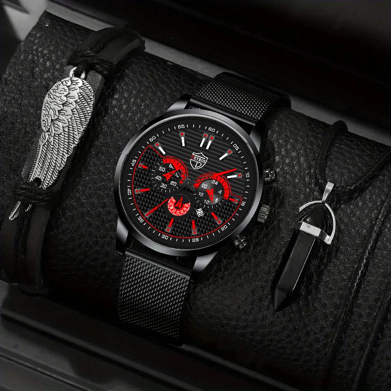 3pcs/set, 1pc Fashion Men s Casual Round Pointer Mesh Band Quartz Watch & 1pc Bracelet & 1pc Necklace with
3pcs/set, 1pc Fashion Men s Casual Round Pointer Mesh Band Quartz Watch & 1pc Bracelet & 1pc Necklace with