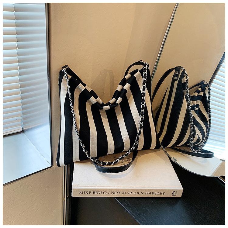 Холщовая сумка женская сумка-тоут большая вместимость летняя сумка-мессенджер 2025 новая повседневная полосатая сумка для студентки чёрный