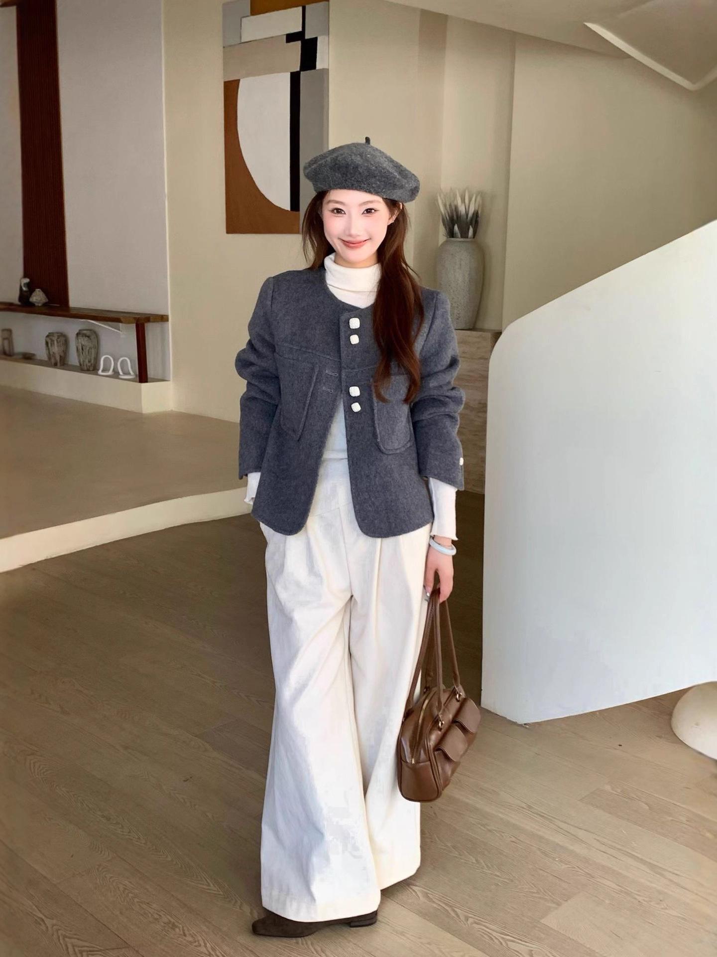 2025 Маленькое шерстяное пальто в корейском стиле - Двустороннее, Легкое роскошное короткое пальто для весны и осени Medium