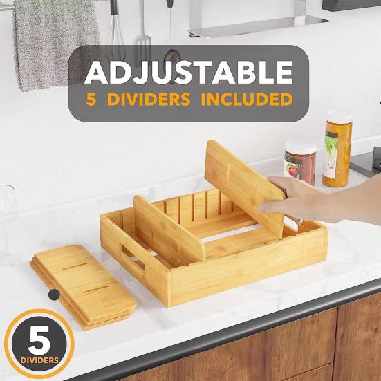 Ящик-органайзер для крышек, бамбуковый ящик для хранения с 5 регулируемыми разделителями, легко моющийся ящик для хранения крышек и обеденных тарелок в кухонном шкафу светло-желтого