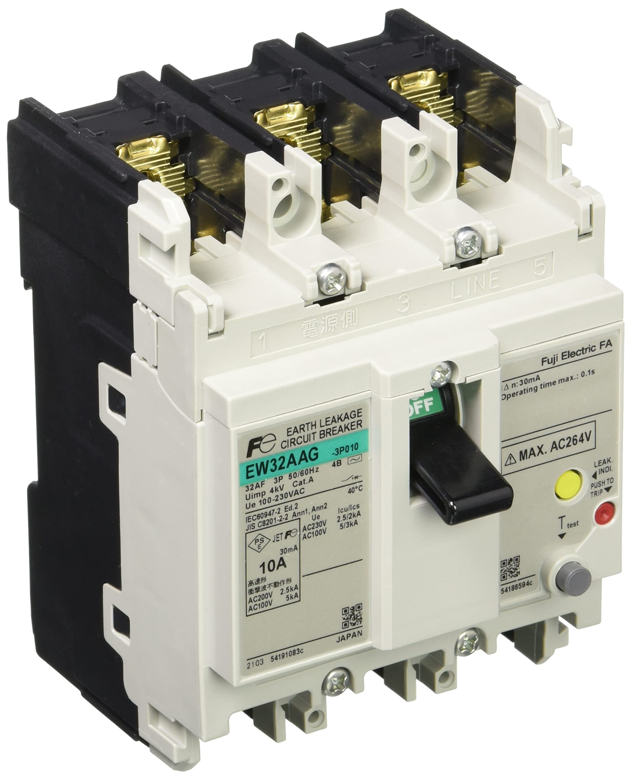 Fuji Electric G-TWIN Earth Leakage Circuit Breaker for General Wiring, JIS Standard, 10A, EW32AAG-3P010B 4B
Fuji Electric G-TWIN Earth Leakage Circuit Breaker for General Wiring, JIS Standard, 10A, EW32AAG-3P010B 4B