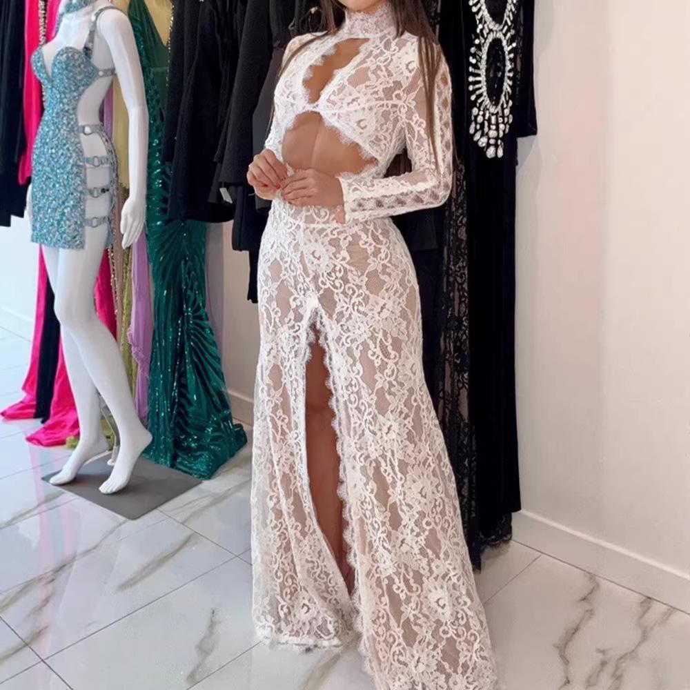 Fashion trend women s clothing sexy hollow design turtleneck high split temperament red carpet lace dress women L білий
Fashion trend women s clothing sexy hollow design turtleneck high split temperament red carpet lace dress women L білий