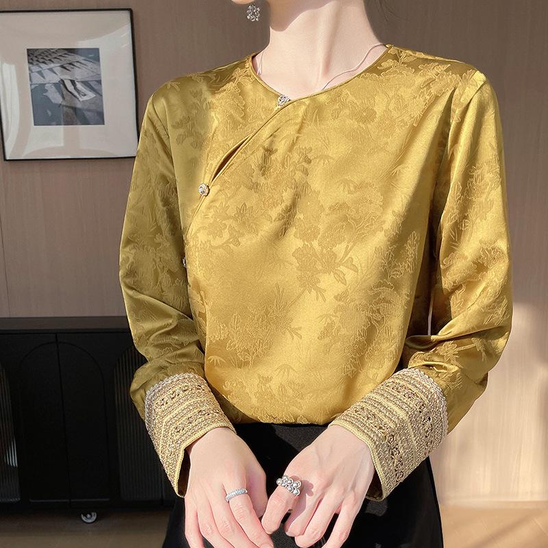 Spring Silk Jacquard Long Sleeve Top with Frog Button Large жовтий
Spring Silk Jacquard Long Sleeve Top with Frog Button Large жовтий
