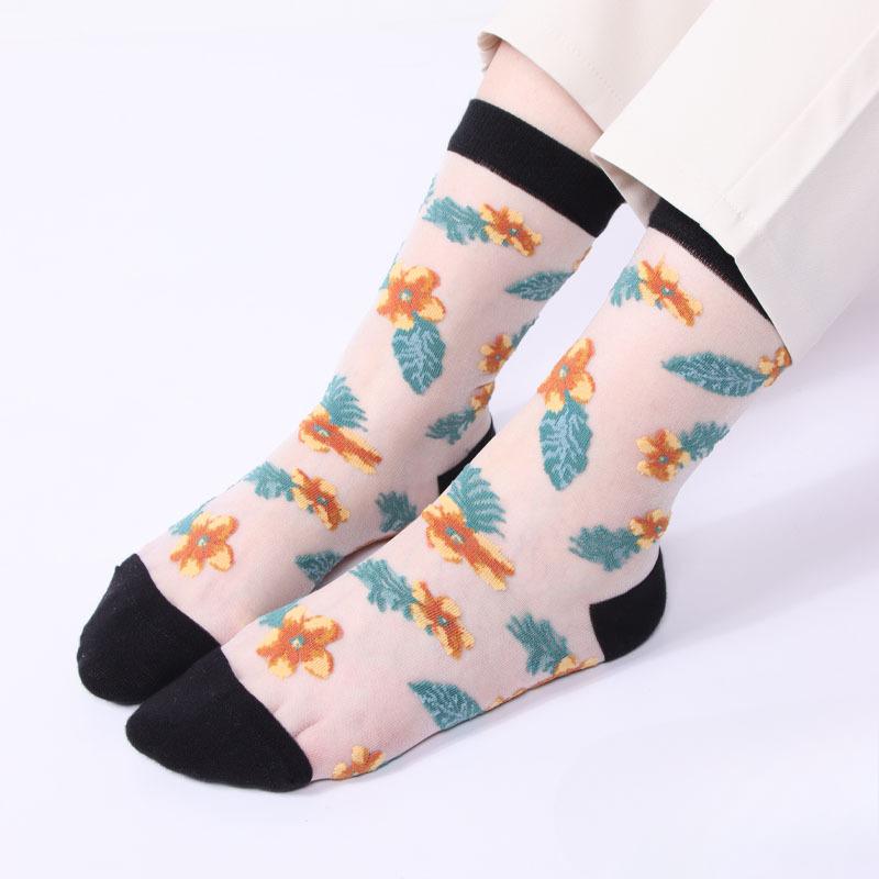 Женские весенне-летние тонкие носки до середины икры нового стиля, универсальные, в стиле ретро, с цветочным узором, из хрустального шелка 1 pair чёрный/белый