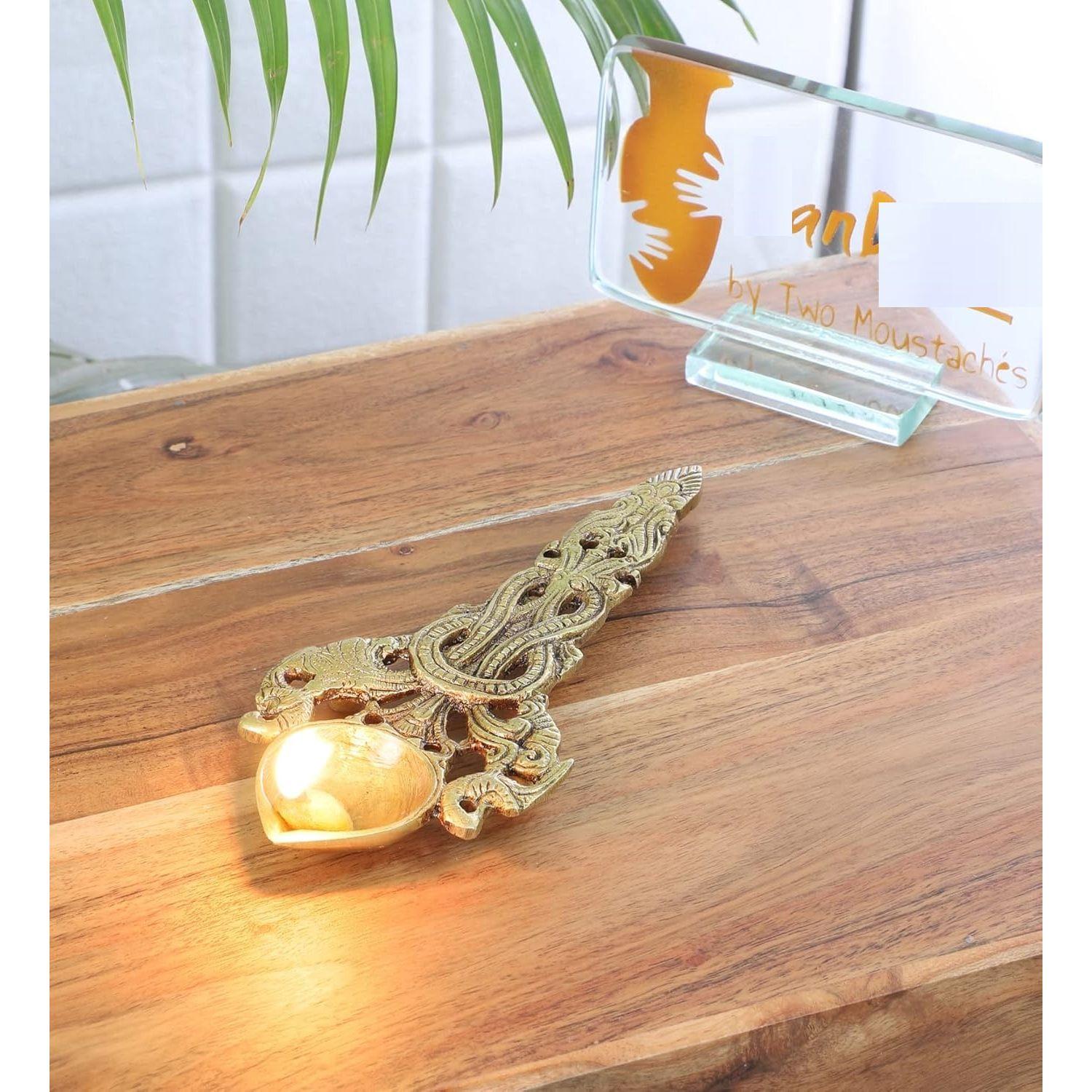Twin Peacock Design Round Brass Pooja Aarti Spoon, Hawan Spoon for Pouring Ghee in Hawan Kund, Antique Yellow
Twin Peacock Design Round Brass Pooja Aarti Spoon, Hawan Spoon for Pouring Ghee in Hawan Kund, Antique Yellow