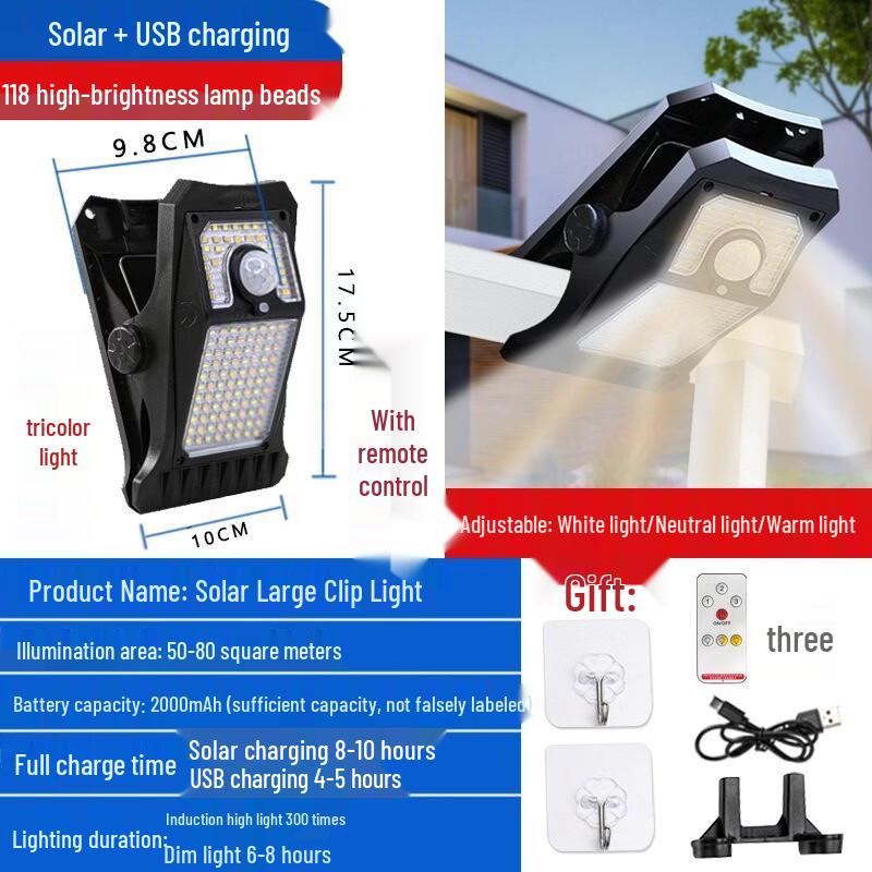 Large Solar Sensor Clip Light with 118 LEDs & USB
Large Solar Sensor Clip Light with 118 LEDs & USB