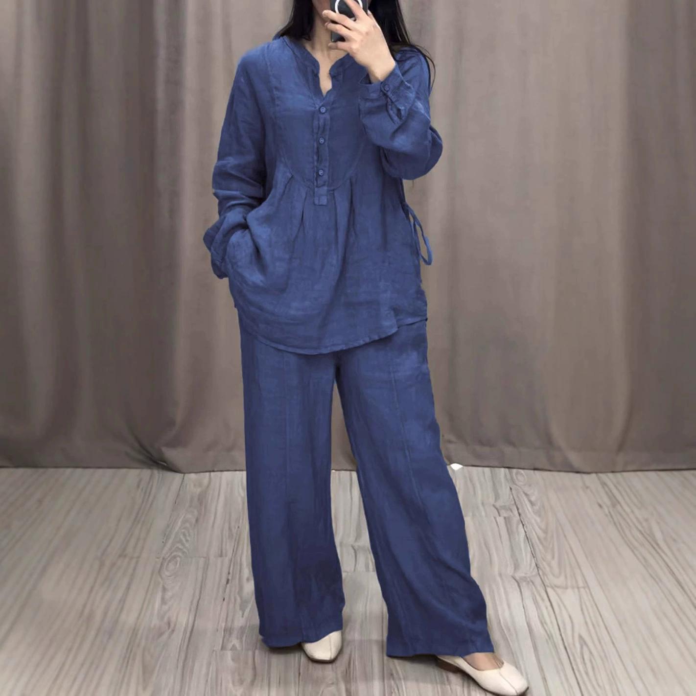 Осенний модный удобный комплект из хлопка и льна с длинными рукавами и полуоткрытым воротником, повседневные плиссированные широкие брюки S темно-синий
Осенний модный удобный комплект из хлопка и льна с длинными рукавами и полуоткрытым воротником, повседневные плиссированные широкие брюки S темно-синий