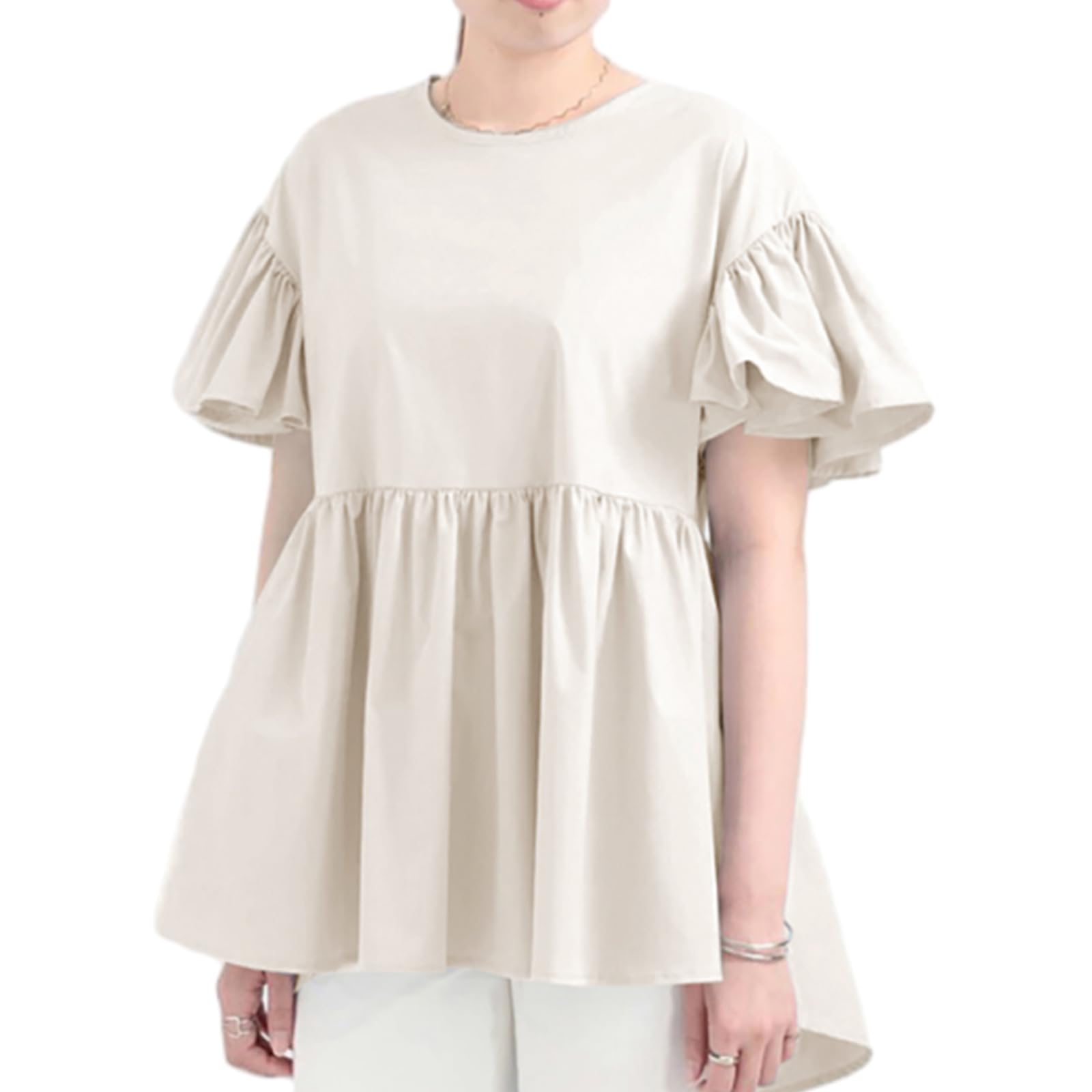 ORWZDCO Блузка женская с коротким рукавом, расклешенная, с круглым вырезом, однотонная, плюс, идеально подходит для офиса и осени, Рукава, Вырез, Заправленная, Цвет, Размеры, Легкая, Простая, абрикосовый