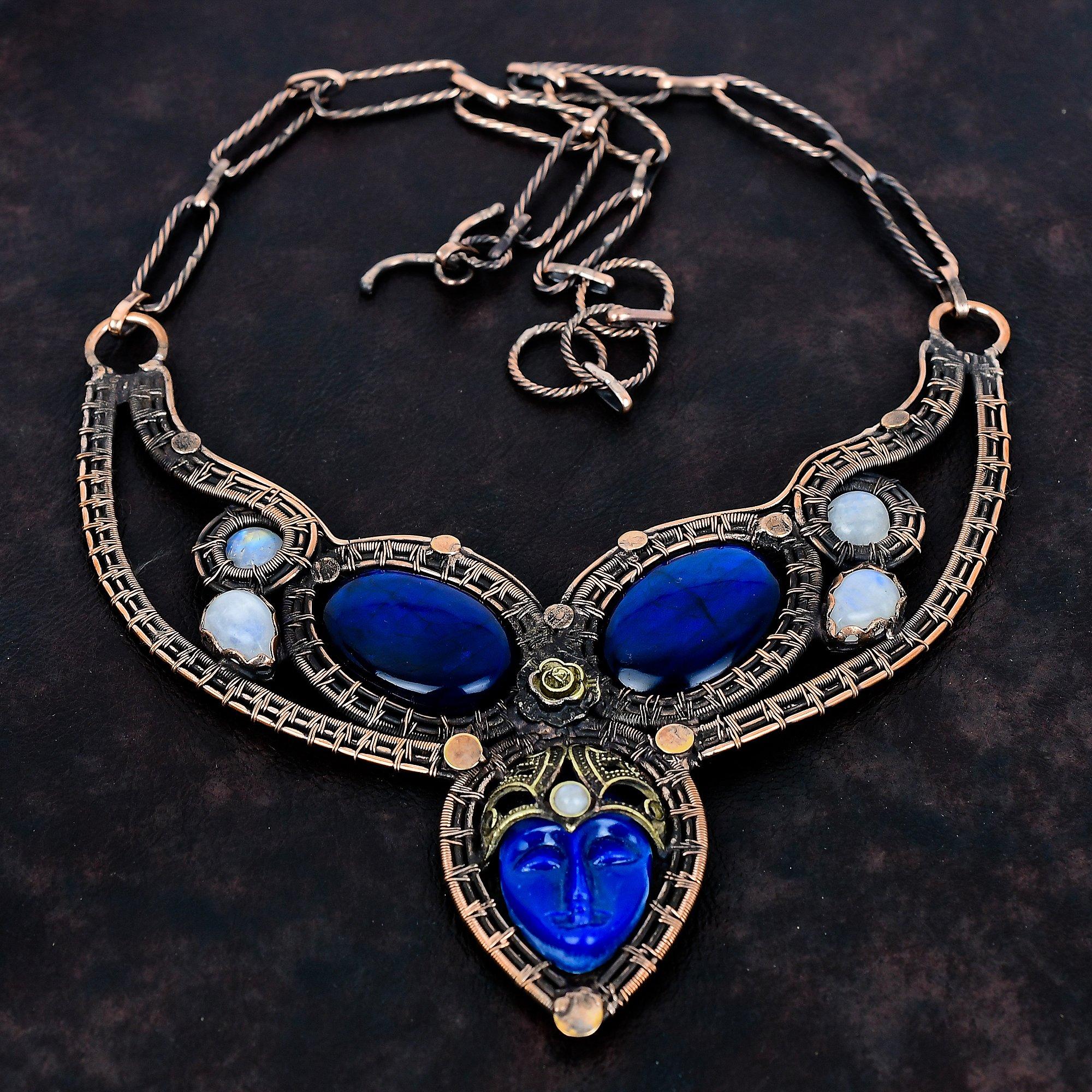 Blue carved bone face necklace blue fire labradorite and moonstone necklace gemstone jewelry copper wire wrapped adjustable chain necklace Adjustable
Blue carved bone face necklace blue fire labradorite and moonstone necklace gemstone jewelry copper wire wrapped adjustable chain necklace Adjustable