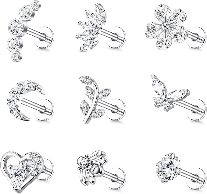 9Pcs 16G Cartilage Earrings for Women Stud Earrings Set Tragus Helix Conch Earrings Internally Threaded Labret CZ Piercing 16G(1.2MM)x6MM
9Pcs 16G Cartilage Earrings for Women Stud Earrings Set Tragus Helix Conch Earrings Internally Threaded Labret CZ Piercing 16G(1.2MM)x6MM