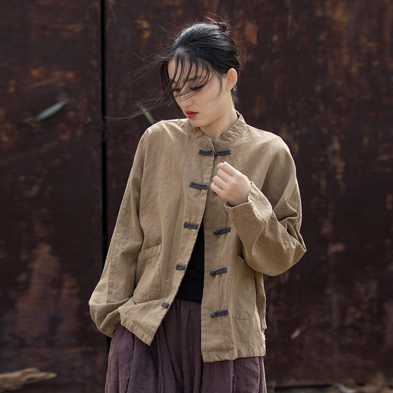 Johnature Женские винтажные рубашки, топы с карманами и длинными рукавами, хлопковые весенние блузки на пуговицах в китайском стиле One Size хаки
