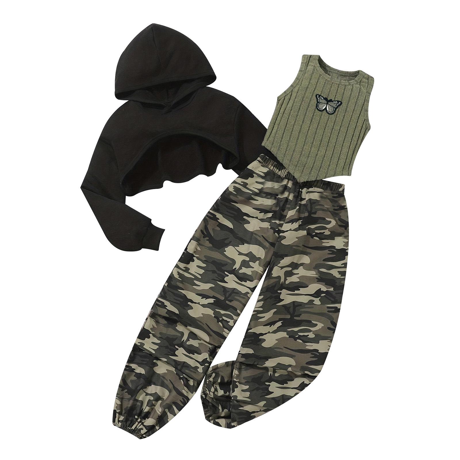 Girls 3Pcs Long Sleeve Cropped Hoodie Butterfly Embroidery Irregular Hem Striped Tank Top Camouflage Sweatpants 11-12 Years
Girls 3Pcs Long Sleeve Cropped Hoodie Butterfly Embroidery Irregular Hem Striped Tank Top Camouflage Sweatpants 11-12 Years