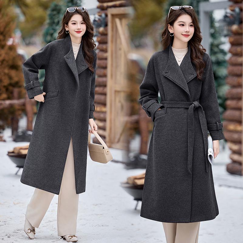 Женское шерстяное пальто с лацканами - Очень длинное, утепленное хлопком для тепла осенью и зимой (HR1020) XXL 130-140 lbs