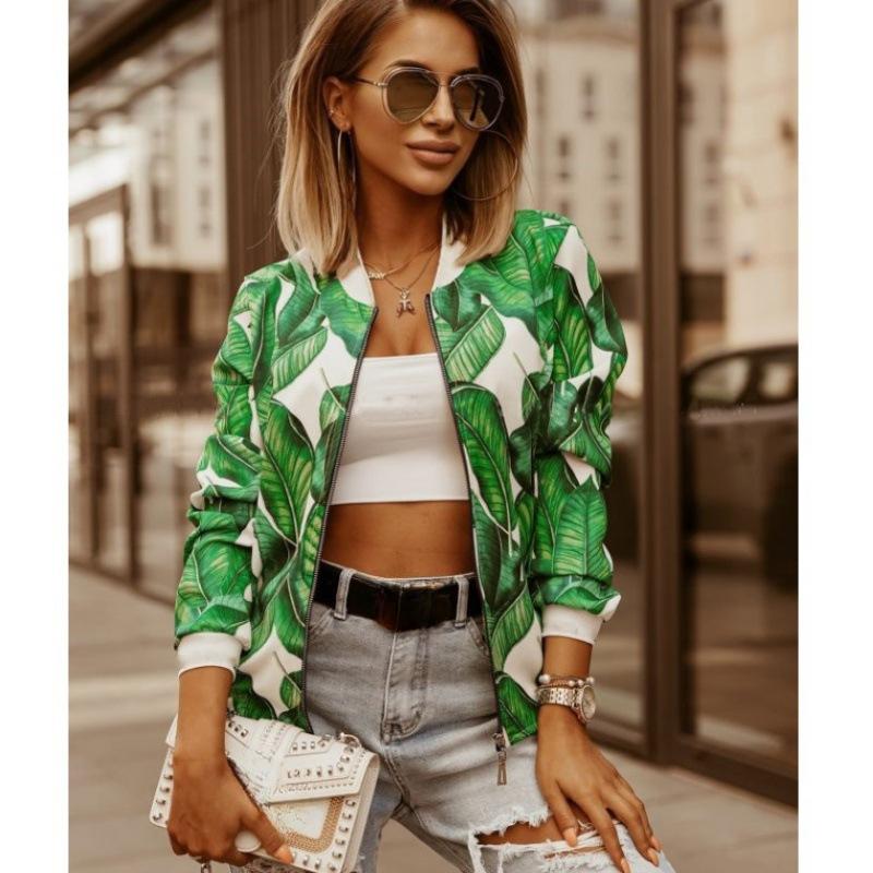 Весенне-осенняя женская модная повседневная короткая куртка на молнии с цветочным принтом, облегающая уличная одежда M зелёный
