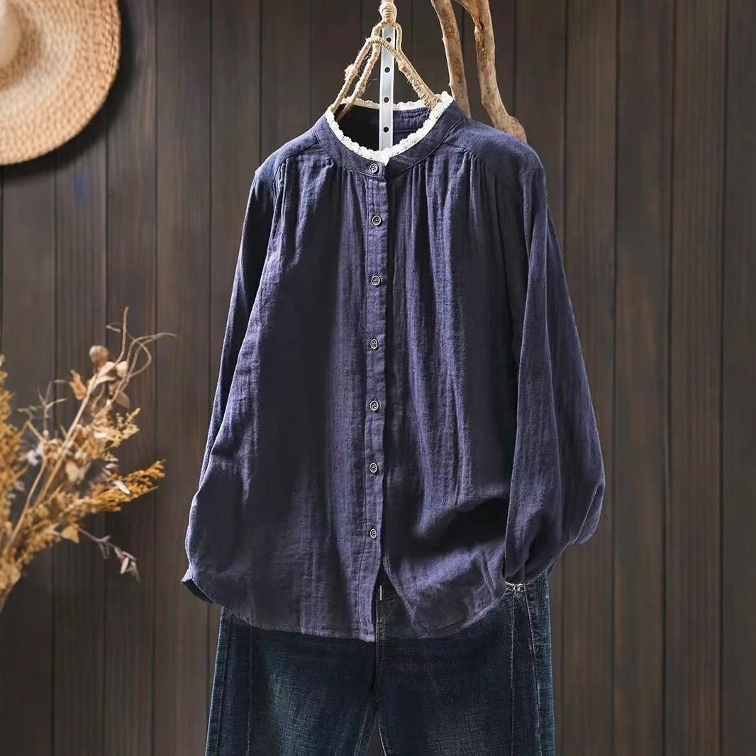 Women Long Sleeve Cotton Shirt Arrival Autumn Vintage Style Lace Stand Collar Loose Female Casual Shirts L темно-синього кольору
Women Long Sleeve Cotton Shirt Arrival Autumn Vintage Style Lace Stand Collar Loose Female Casual Shirts L темно-синього кольору