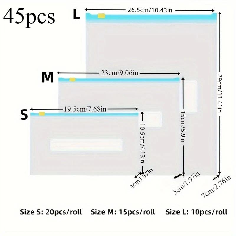 45 шт. Многоразовые герметичные пакеты для заморозки с застежкой-молнией - Пакеты для хранения продуктов, сохраняющие свежесть, для организации кухни
45 шт. Многоразовые герметичные пакеты для заморозки с застежкой-молнией - Пакеты для хранения продуктов, сохраняющие свежесть, для организации кухни