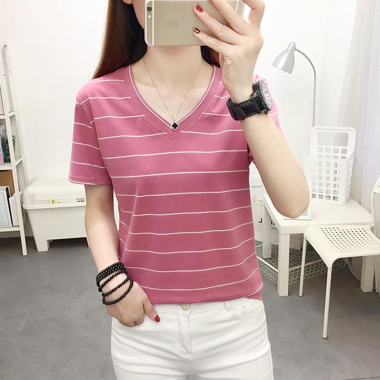 Женская хлопковая футболка в полоску с V-образным вырезом больших размеров - Свободный летний топ с коротким рукавом 2XL (136-145 lbs) красный 
Женская хлопковая футболка в полоску с V-образным вырезом больших размеров - Свободный летний топ с коротким рукавом 2XL (136-145 lbs) красный