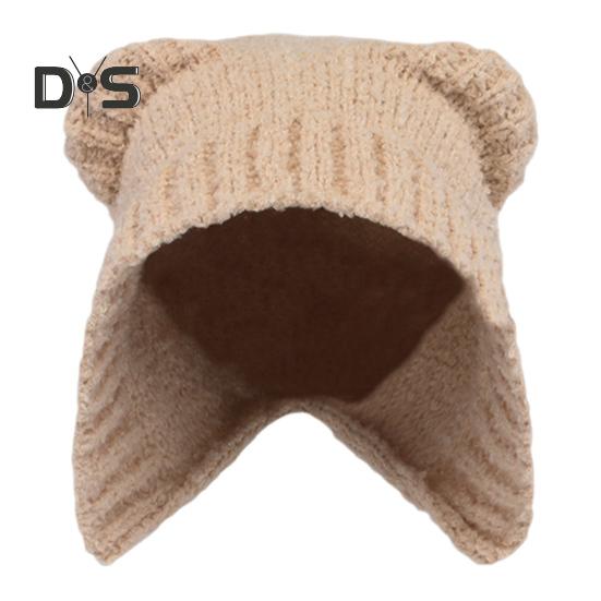 Зимняя вязаная шапка в форме мультяшного медведя, толстая плюшевая, со шнуровкой, вязаная, морозостойкая, ветрозащитная, для девочек, для активного отдыха на природе хаки