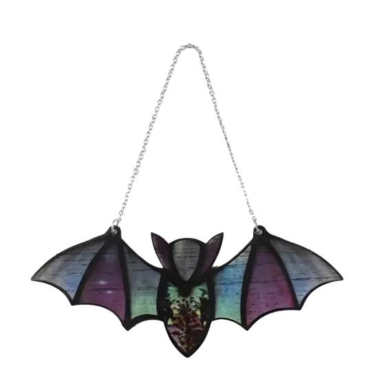 Хэллоуин Летучая мышь Украшение Металлическая Цепь Витражное Стекло Ловец Солнца Крытый Окно Настенный Декор Летучая Мышь Праздничные Атрибуты зелёный/фиолетовый