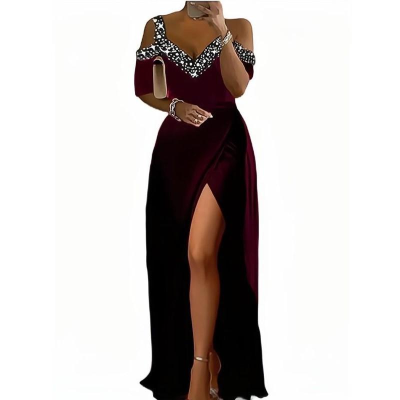 women s Off Shoulder Rhinestone Decor V Neck High Slit Bodycon Maxi Evening Party Dress 3XL бордовий
women s Off Shoulder Rhinestone Decor V Neck High Slit Bodycon Maxi Evening Party Dress 3XL бордовий