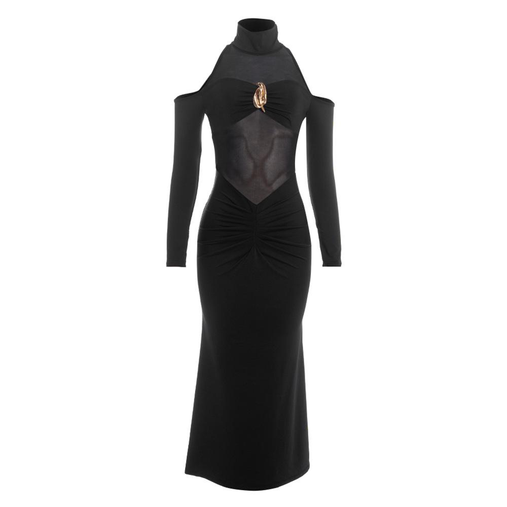 D515DS High Neck Off-Shoulder Mesh Patchwork Dress with Leaf Brooch Small чорний
D515DS High Neck Off-Shoulder Mesh Patchwork Dress with Leaf Brooch Small чорний