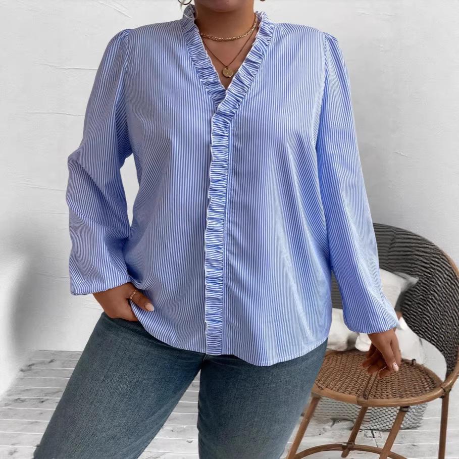 European Striped V-Neck Ruffle Long Sleeve Shirt - Plus Size, Casual, Spring/Summer Women s Fashion 2XL
European Striped V-Neck Ruffle Long Sleeve Shirt - Plus Size, Casual, Spring/Summer Women s Fashion 2XL