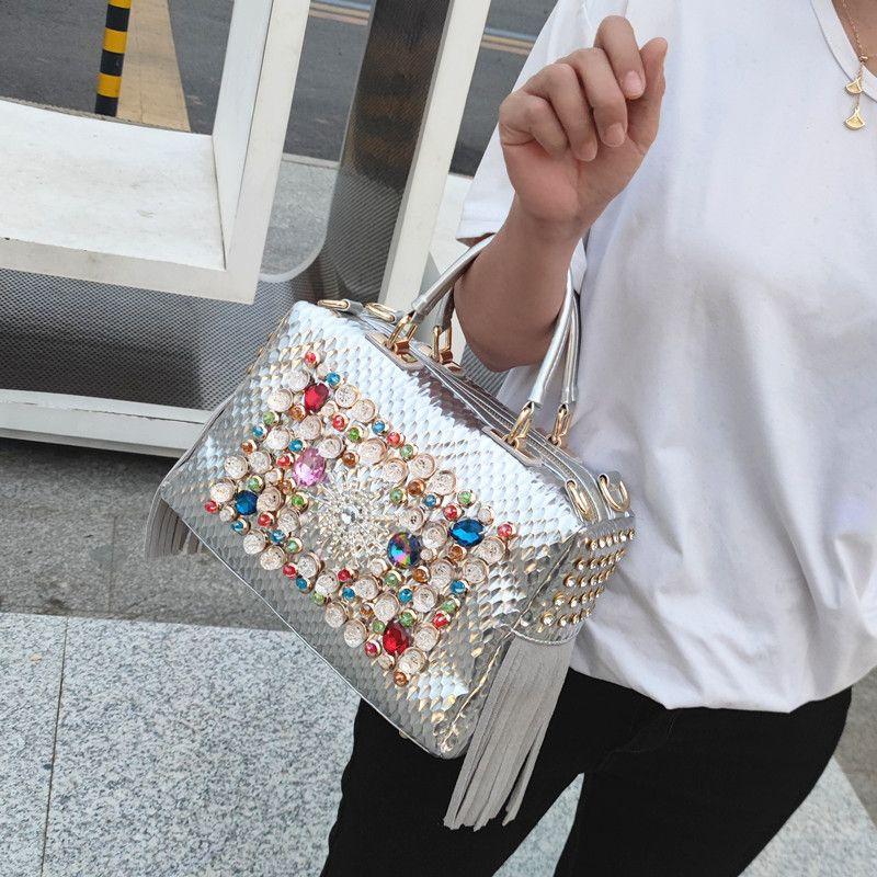 Fashion Genuine Leather Tassel Rhinestone Shoulder Handbag Silver
Fashion Genuine Leather Tassel Rhinestone Shoulder Handbag Silver