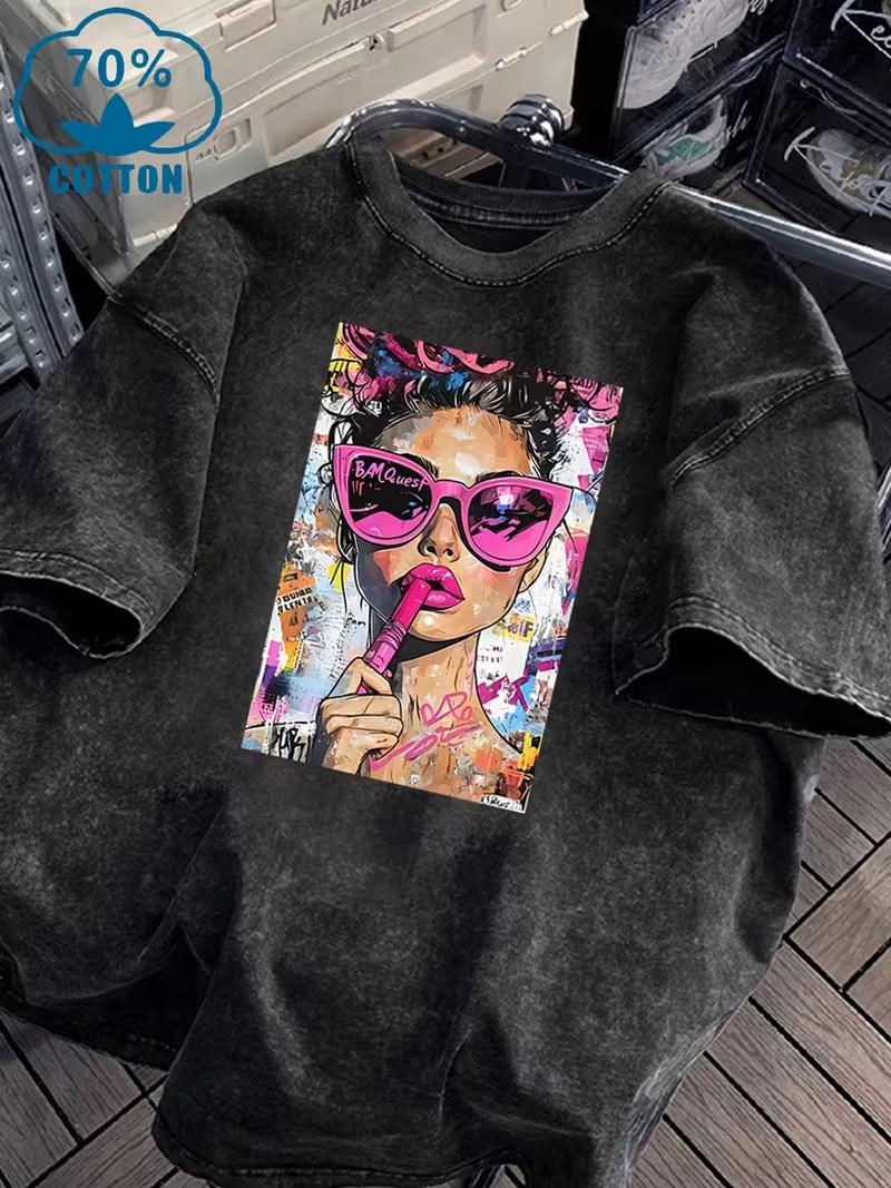 Pop Art Glam Girl with Pink Sunglasses Graphic T Shirt Vintage Washed Distressed Oversized Cotton Tee for Streetwear Lovers S
Pop Art Glam Girl with Pink Sunglasses Graphic T Shirt Vintage Washed Distressed Oversized Cotton Tee for Streetwear Lovers S