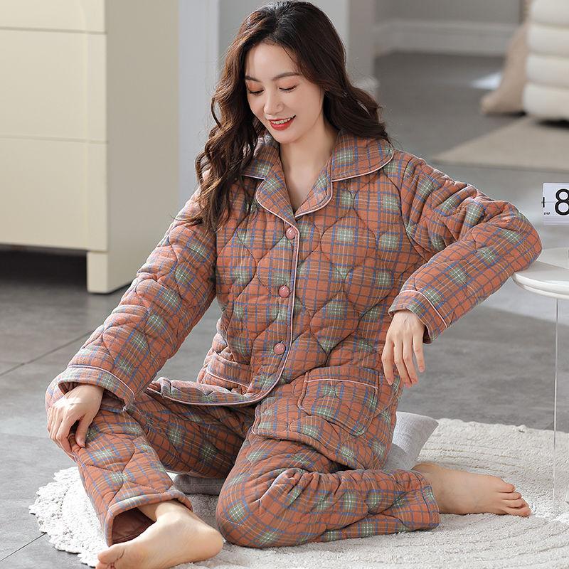 Очень плотная пижама женская осень-зима 100% хлопок с подкладкой домашняя одежда для среднего возраста домашний костюм с V-образным вырезом сетчатая пижама L