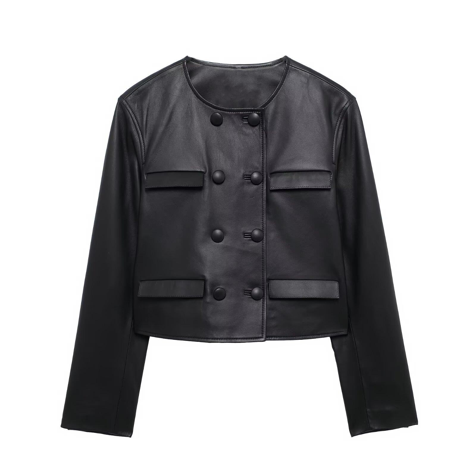 2025 Spring Women s Simple Round Neck Short Leather Jacket with Button Embellishments Small чёрный
2025 Spring Women s Simple Round Neck Short Leather Jacket with Button Embellishments Small чёрный