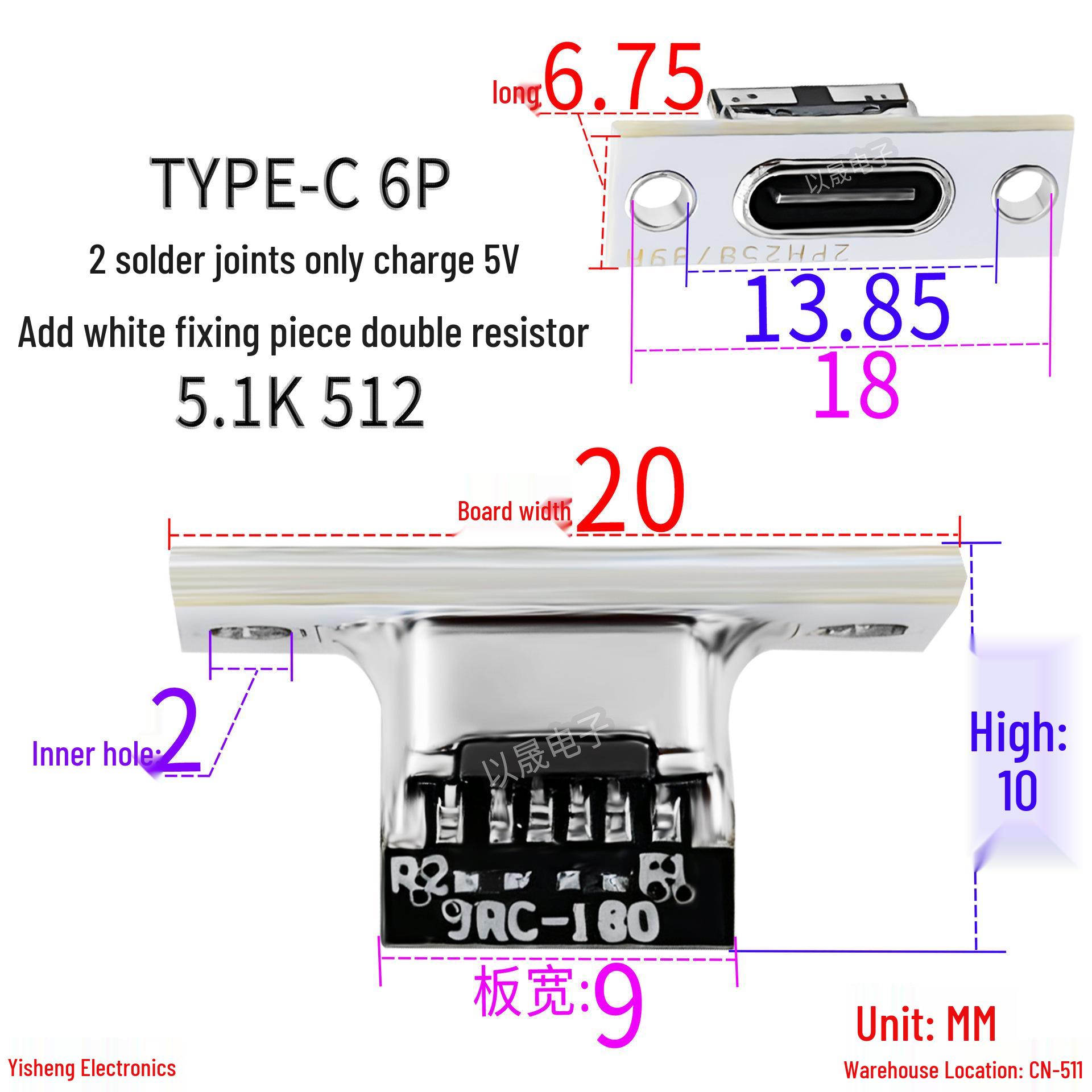 USB Type-C Female Connector, 6-Pin, 2 Solder Points, 5V Charging Only, White Latch, Double 5.1K Resistors.
USB Type-C Female Connector, 6-Pin, 2 Solder Points, 5V Charging Only, White Latch, Double 5.1K Resistors.
