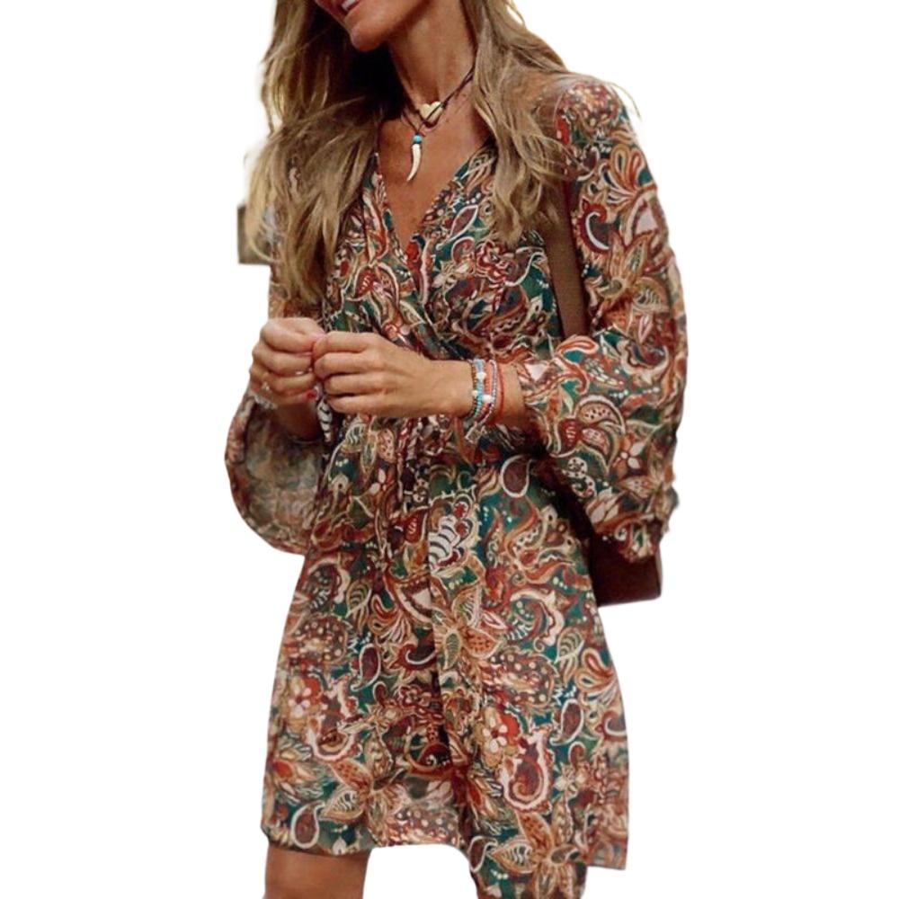 HNXC Женская мода Лето Весна с цветочным принтом и рукавом 3/4 с v-образным вырезом повседневные платья XXXXXL коричневый