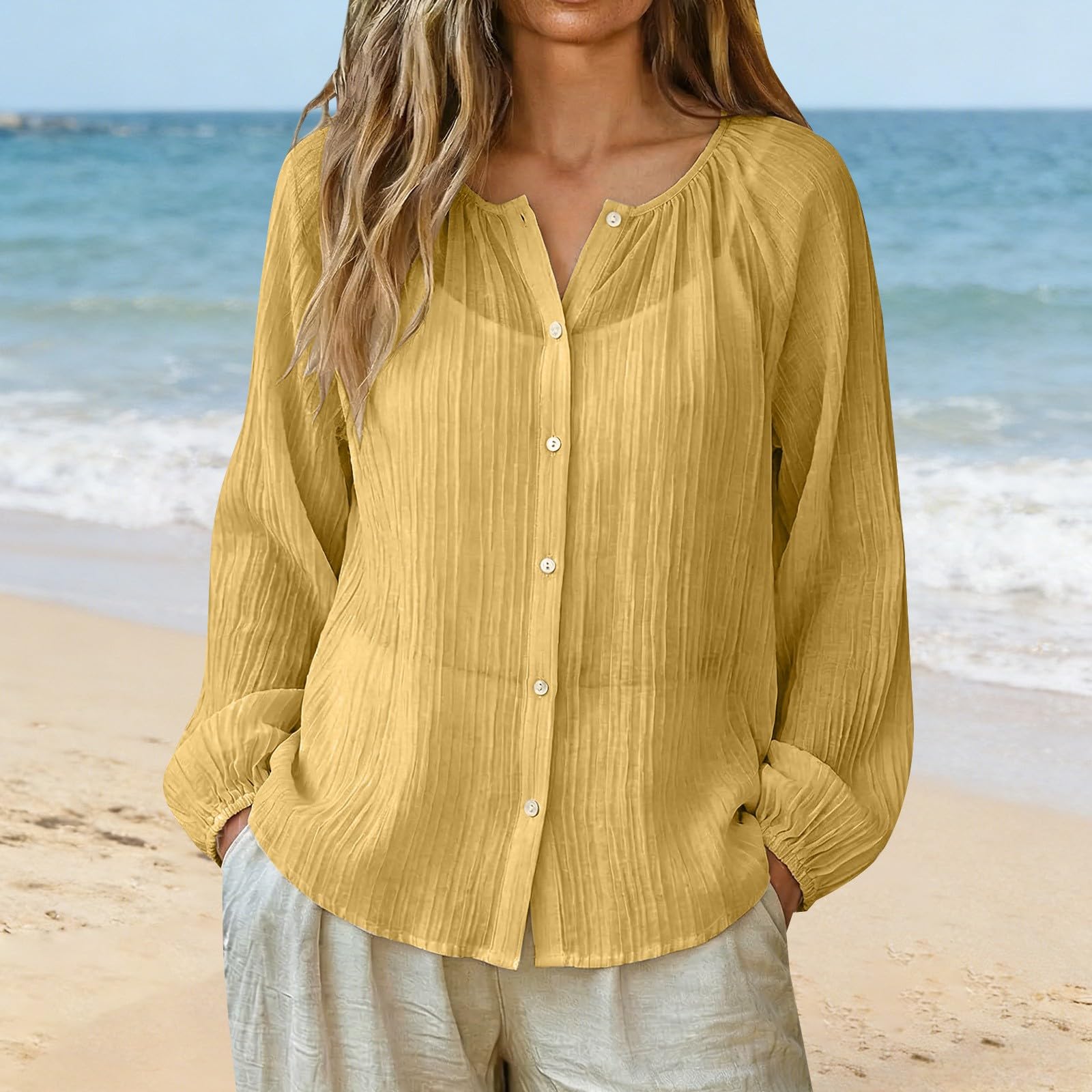 Womens Long Sleeve Button Down Blouse Pleated Loose Fit Casual Shirt Lightweight Fabric Top for Daily Wear L
Womens Long Sleeve Button Down Blouse Pleated Loose Fit Casual Shirt Lightweight Fabric Top for Daily Wear L