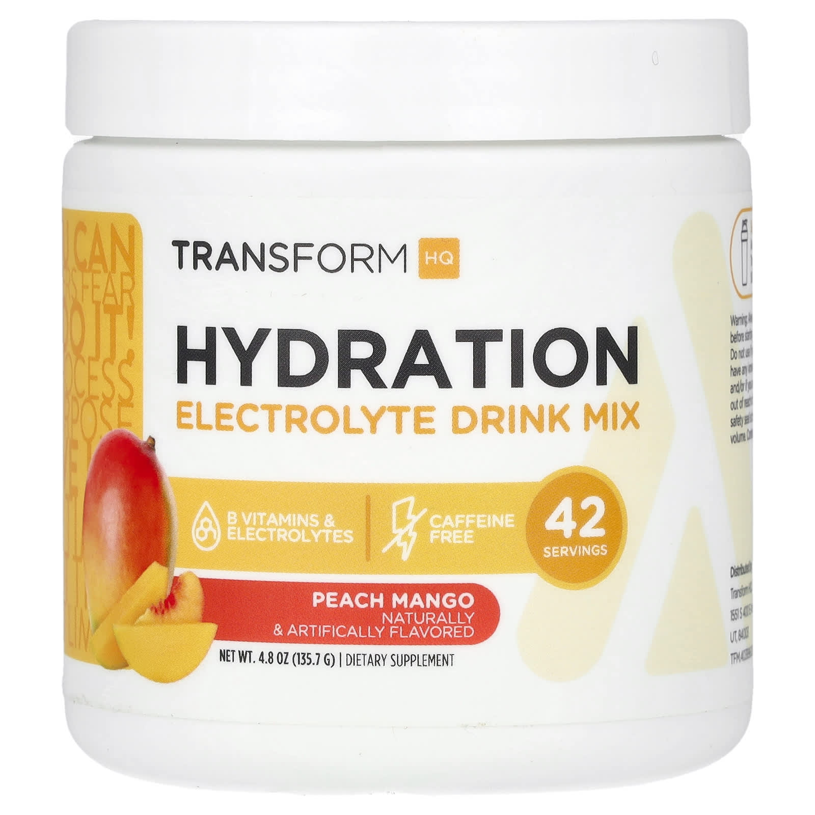 TransformHQ, Hydration, Electrolyte Drink Mix, Caffeine-Free, Peach Mango, 4.8 oz (135.7 g)
TransformHQ, Hydration, Electrolyte Drink Mix, Caffeine-Free, Peach Mango, 4.8 oz (135.7 g)