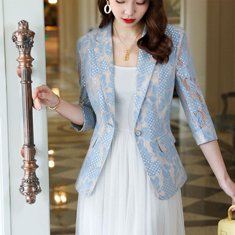 Желтый кружевной маленький пиджак женский тонкий летний миниатюрный модный темперамент семиминутный рукав скелет костюм блузка 2XL светло-синий