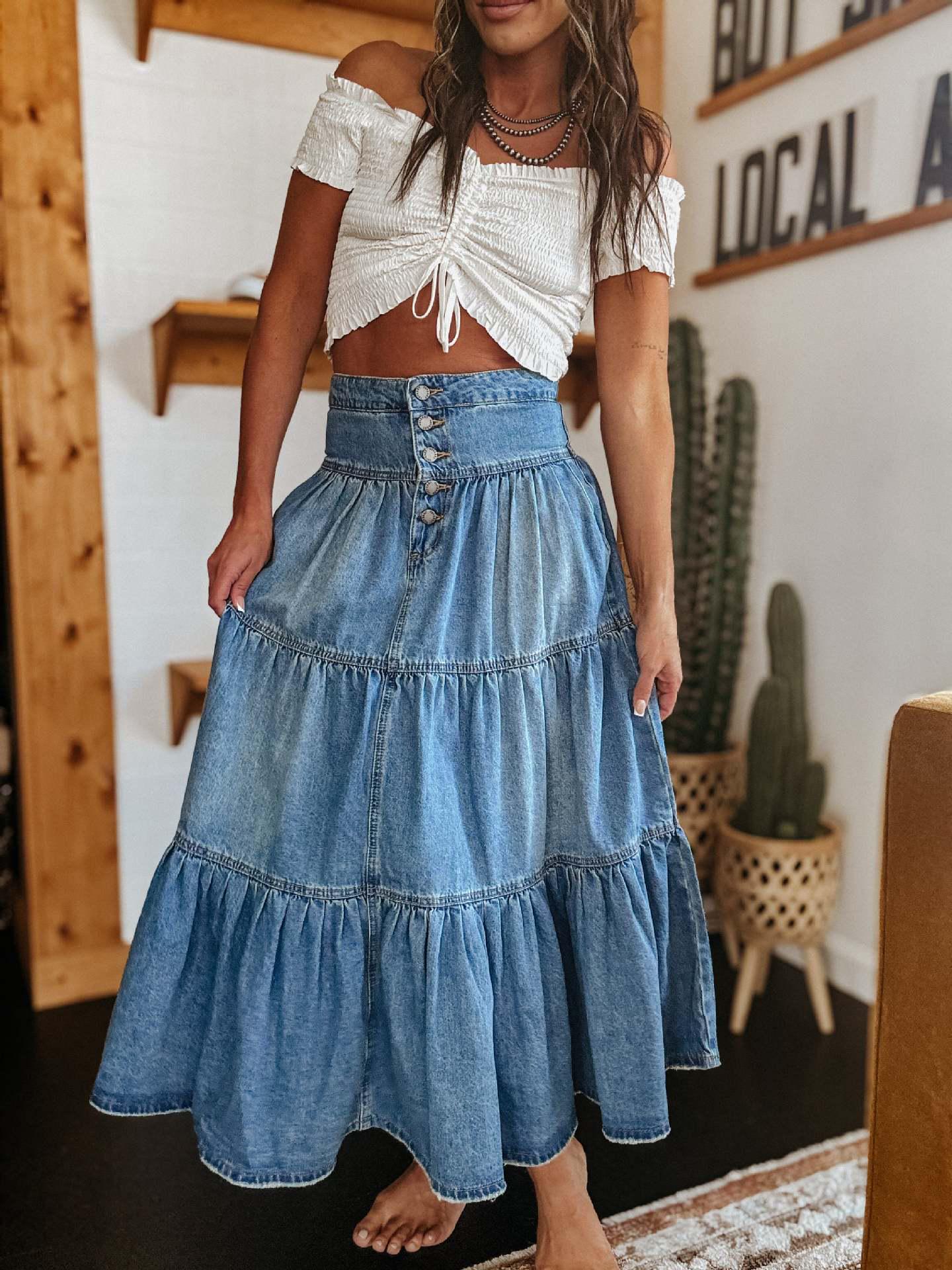25-Year Anniversary Bohemian A-line Tiered Denim Midi Skirt 8922 Medium
25-Year Anniversary Bohemian A-line Tiered Denim Midi Skirt 8922 Medium