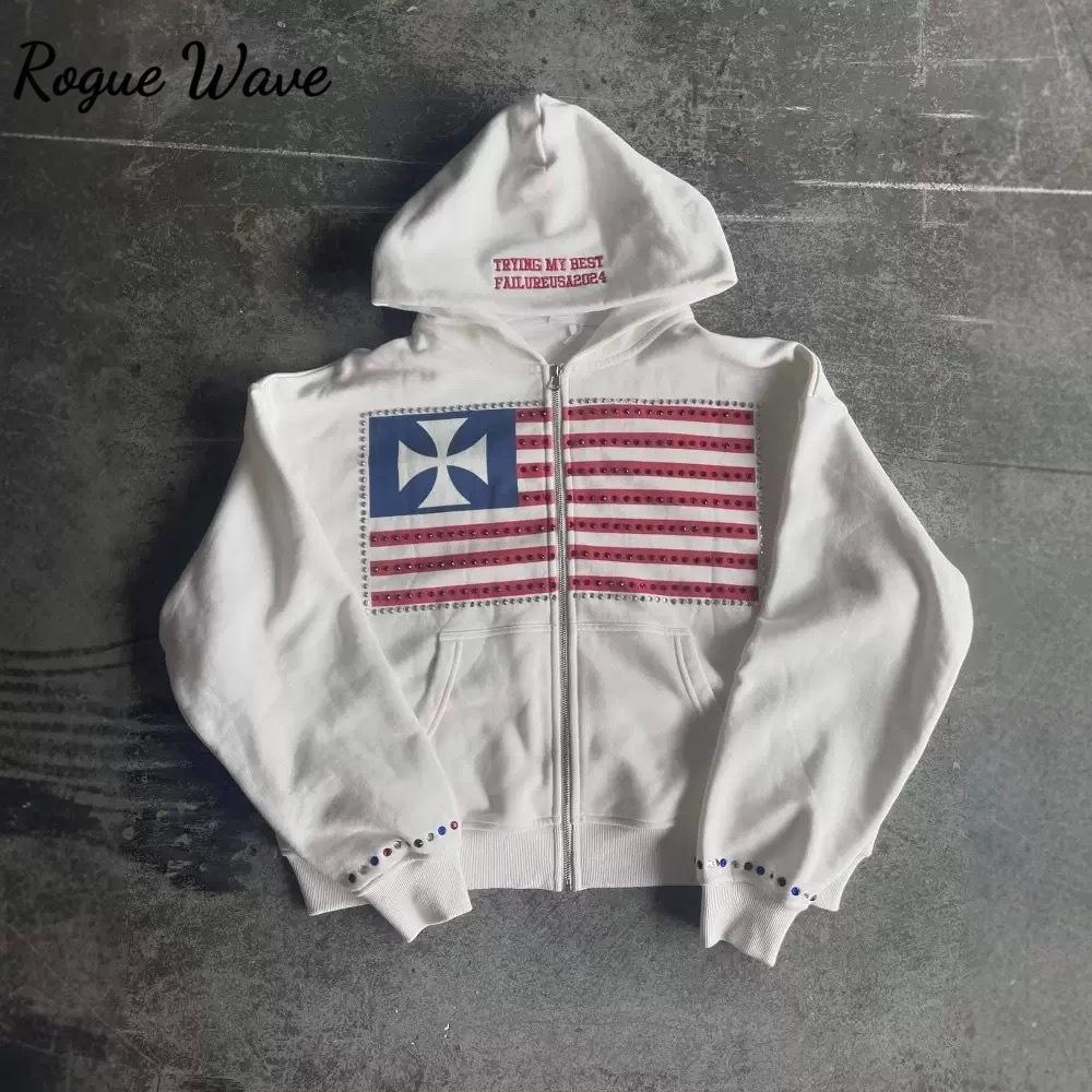 RogueWave Американская Мода Уличная Одежда Готический Флаг Стразы Вышивка Толстовка на Молнии Y2k Сплайсинг Оверсайз Свободный Хлопковый Свитшот S
RogueWave Американская Мода Уличная Одежда Готический Флаг Стразы Вышивка Толстовка на Молнии Y2k Сплайсинг Оверсайз Свободный Хлопковый Свитшот S